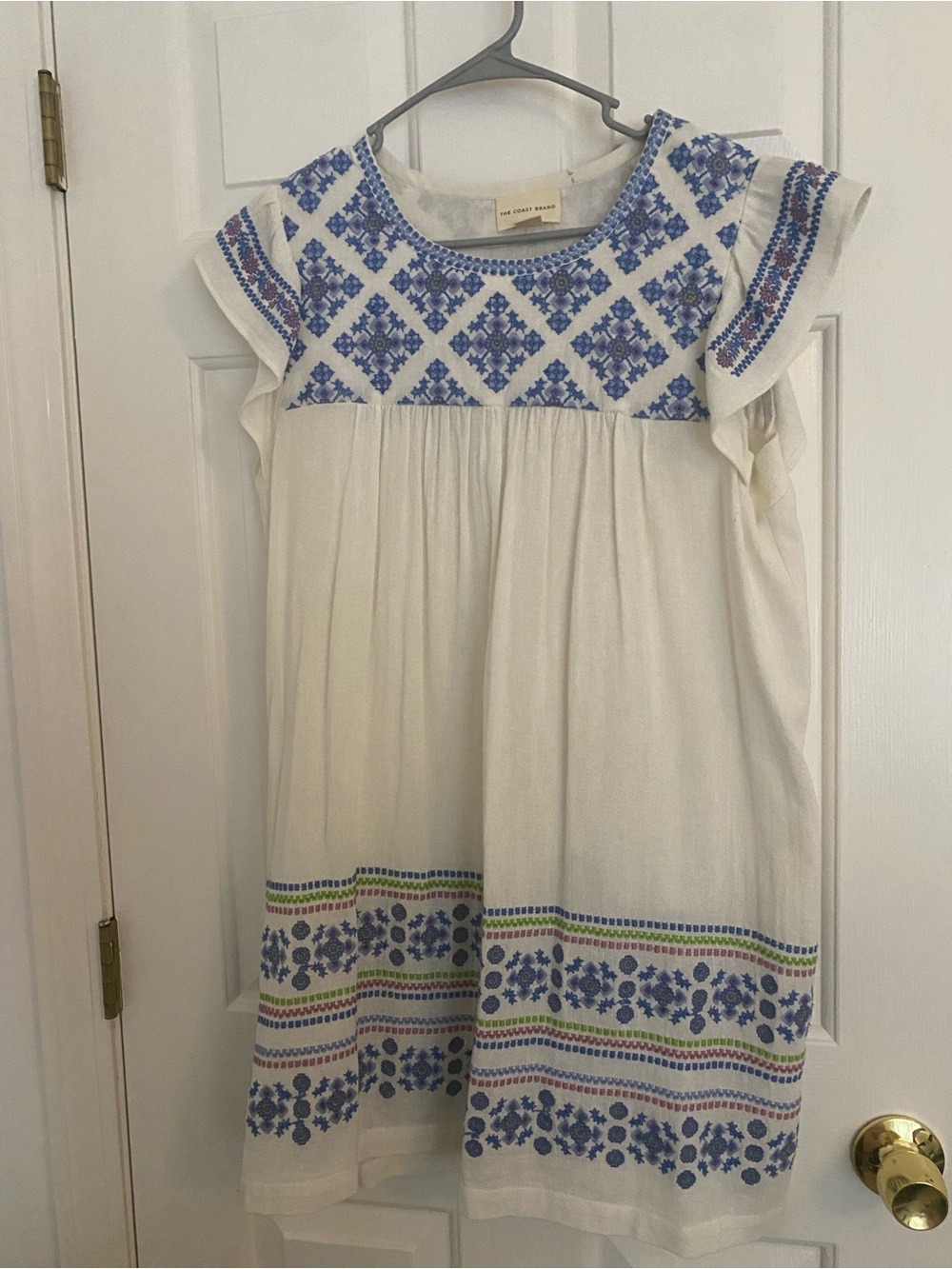 White Mini Dress with Blue Embroidered Yoke